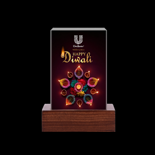 Crystal cube measuring 5x5x8 cm with metallic printing, featuring a base design and Unilever branding, created for Diwali celebrations.