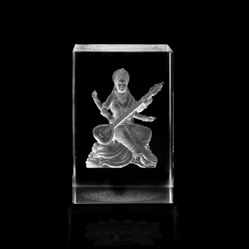 Crystal Diamond Paperweight with engraving of goddess Saraswati
