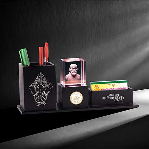 Crystal Cube with Metallic Printing, pen holder and card holder