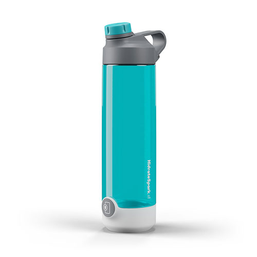 a blue water bottle with a grey cap