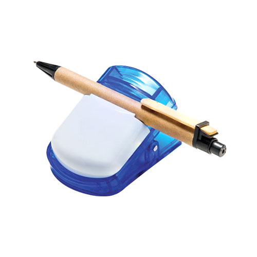 Magnetic Clip-A pen resting in a blue, curved pen holder.