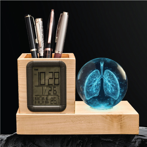 Crystal with Wooden Base Stationery Holder and Digital Clock - perfect pharma gift