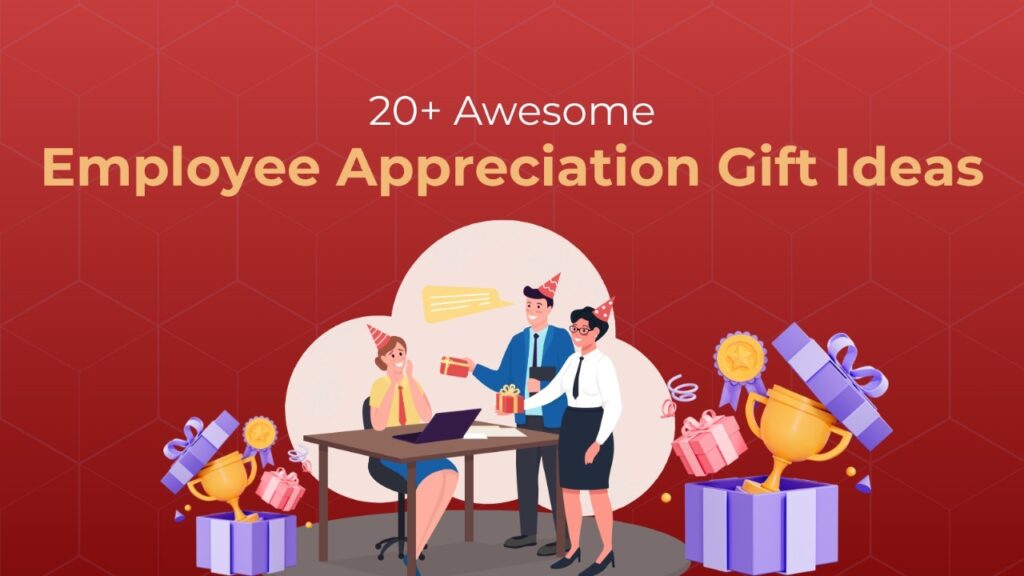 20+ employee appreciation gift ideas banner with office team celebrating and exchanging gifts.