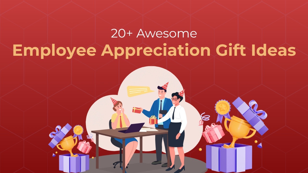 20+ employee appreciation gift ideas banner with office team celebrating and exchanging gifts.